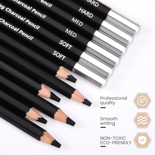 Geyoga 72 Pcs Professional Charcoal Pencils Bulk Soft Medium Hard for Drawing Charcoal Pencils for Art Painting Sketching Shading Drawing Blending Portrait Artists Students Christmas Stocking Gifts