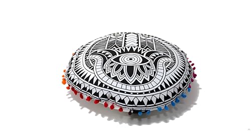 22 Inch Round Floor Pillow Cover, Black Hamsa Mandala Boho Cushion Cover, Cotton Decorative Meditation Floor Cushion Cover with Hidden Zipper for Living Room, Bedroom, Yoga, Dorm, Seating (Cover Only) - color: Black & White, size: 22" x 22" (Pack of 1)