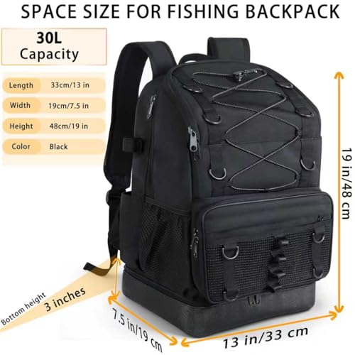 Fishing Backpack with Rod Holder, Heavy Duty Fishing Bag with Waterproof Bottom, Tackle Backpack Gifts for Man Woman-Black - color: Black