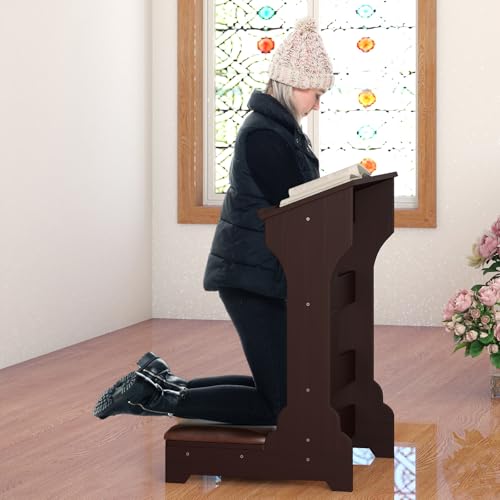 Prayer Kneeler, Wooden Prayer Kneeler Bench with Shelf and Cushion | Kneeler for Home and Church, Padded Prayer Bench with Slanted Shelf for Bible, Prayer Table at Home