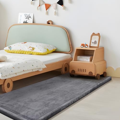 Huloo Sleep 2" Thick Play Mat for Babies Toddlers, Dark Gray, 28"x72" | Extra Safety Anti-Fall Cushion Mat, Non-Slip, Water-Repellent Coral Velvet, Bedside Rug for Kids Room - color: Dark Grey, size: 28"×72"×2"
