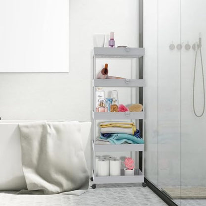 SPACEKEEPER 5 Tier Storage Rolling Cart, Bathroom Cart with Wheels, Gray - color: Grey, size: 5 Tier