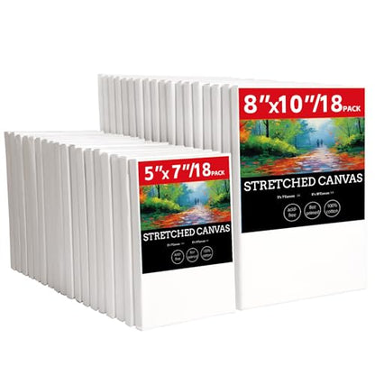 36 Pack Stretched Canvases for Painting-18 Packs of 5x7,8x10 | 100% Cotton Blank Painting Canvas for Oil, Acrylic Paint & Other Painting Media - size: 18 Pack of 5x7 and 8x10