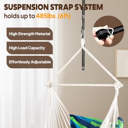 Chihee Hammock Chair Foot Rest 2 Cushions Max 485 lbs Metal Spreader Bar | Robust Hanging Chair Soft Cotton Blended Swing Collapsible Easy Storage Strong Strap Iron Carabiner Pocket Indoor Outdoor - color: Blue/Green Stripes