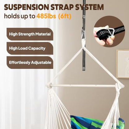 Chihee Hammock Chair Foot Rest 2 Cushions Max 485 lbs Metal Spreader Bar | Robust Hanging Chair Soft Cotton Blended Swing Collapsible Easy Storage Strong Strap Iron Carabiner Pocket Indoor Outdoor - color: Blue/Green Stripes