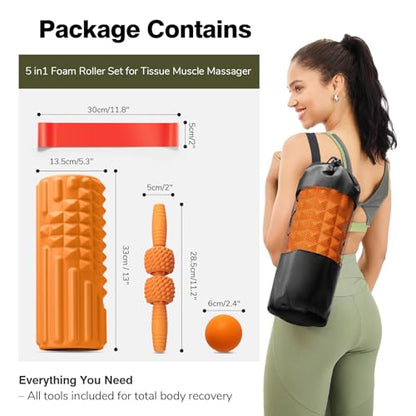 5 in 1 Foam Roller Set for Muscle Recovery & Deep Tissue Massage - color: Orange