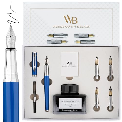 Wordsworth & Black Luxury Fountain Pen Set for Writing, 6 Nibs, Blue | Fountain Ink Bottle, Cartridges & Refill Converter, Refillable, Blue, High End Gift for Men & Women, Journaling & Lettering - color: Blue Chrome