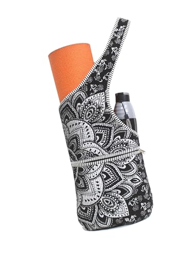 INDIAN CRAFT CASTLE Yoga Mat Bag | Tote Mat Bag | Sling Yoga Tote w/Large Side Pocket & Zipper Pocket | Yoga Mat Carrier Fits Most Size Mats - color: Black Silver
