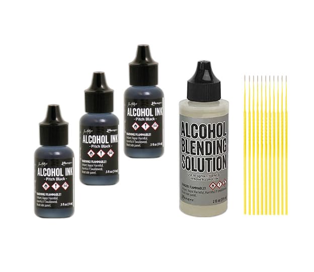 Ranger Tim Holtz Mixative Bundle - Three Pitch Black Ranger Mixatives, One 2 oz Alcohol Ink Blending Solution - Acid Free Pigment Inks- with Trebbies Detail Sticks - color: With 3 Pitch Black