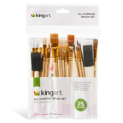 KINGART 25-Piece Paint Brush Set, Acrylic, Oil, Watercolor Gouache Paints, Face & Nail, Miniature Detailing & Rock Painting