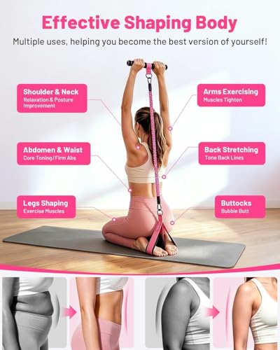 Multifunction Pedal Resistance Band with Handle, 4 Tubes 30/40/50LB Adjustable Foot Pedal Puller Resistance Band with Foam Handle& Storage for Men Women Core, Arm, Legs, Body Workout Home Gym, Pink