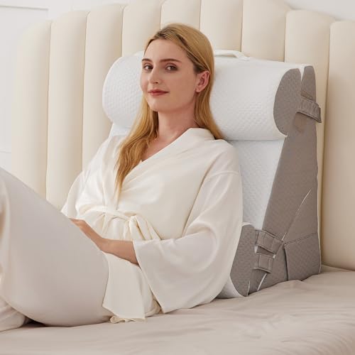 BIEEZZK 4PCS Wedge Pillow Set for After Surgery, Back Pillow for Bed Sitting up, 9&12inch Adjustable Memory Foam Bed Wedges, Pillow Wedge for Acid Reflux, Back Pain Relief, Snoring, White/Grey - color: White/Grey, size: Adjustable Wedge+2 Pillows