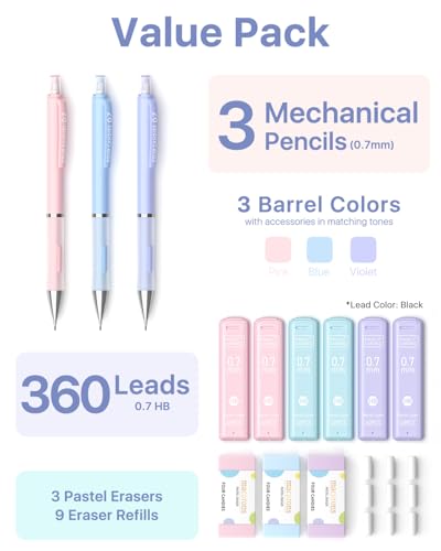 Four Candies 0.7mm Pastel Mechanical Pencil Set with Case, 3-Pack | 360 Leads, 3 Erasers+9 Refills, Cute Pink/Purple/Blue Barrels, Non-Slip Grip, for School Notes & Everyday Writing - style: 0.7mm
