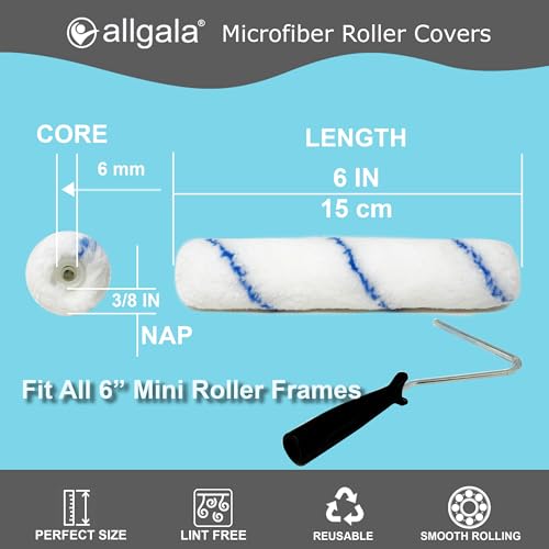 Allgala 6" Mini 3/8" Nap Shedless Microfiber Paint Roller Cover for Door Trim Furniture Cabinets - 6 Pack - TH10380 - size: 6" Micro (Pack of 6)