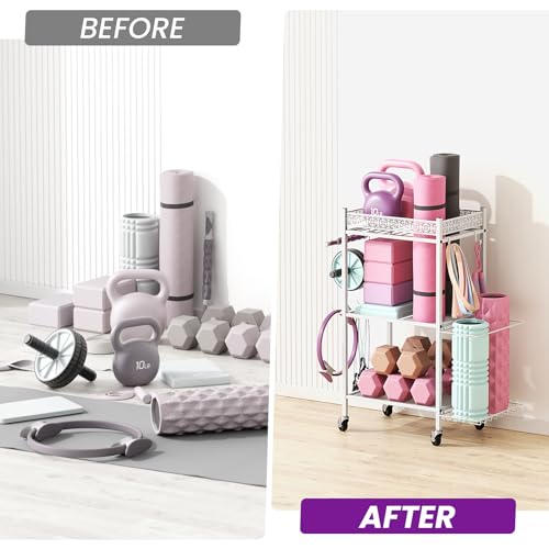 VOPEAK Home Gym Storage Rack, 3-Tier Yoga Mat Storage with Wheels & Hooks | 200 lbs steel rack with lockable casters & side hooks. 3-tier fits yoga mats & dumbbells — 10-min assembly - color: WHITE