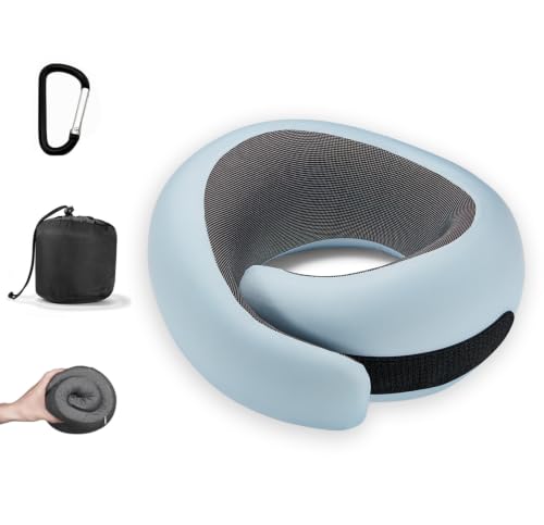 Travel Neck Pillow for Airplanes, Pure Memory Foam Neck Pillow with Washable Cover and Storage Bag, Ergonomic 360° Support for Sleeping, Car, Office, Home, Light Blue - color: Blue