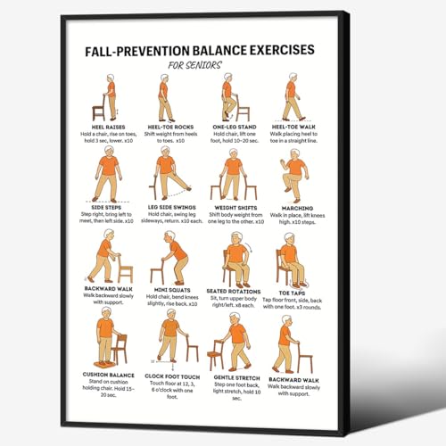 Fall Prevention Balance Exercises for Seniors Posters Seated Workout Charts for Seniors & Beginners 24x36 Inch Black Framed Chair & Standing Mobility Training Wall Art Living Room Bedroom Home Gym Decor - color: Balance Wall Art, size: 36"L x 24"W, style: