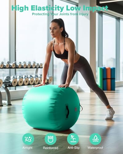 Gymnastics Air Roller Air Barrel Inflatable Tumbling Mat Tumble Air Spot - Gymnastics Training Springboard - Round Inflatable Springboard with Pump for Yoga Training Cheerleading Home Use - color: Green, size: （H）47.2inch*(Diam)29.5inch