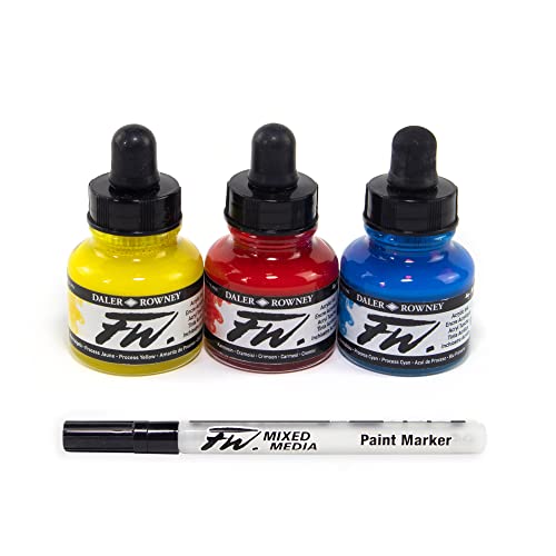 Daler-Rowney FW Acrylic Ink Bottle 3-Color Starter Set with Empty Marker - Acrylic Set of Drawing Inks for Artists and Students - Art Ink Calligraphy Set - Permanent Calligraphy Ink - style: 3 Pack, Primary