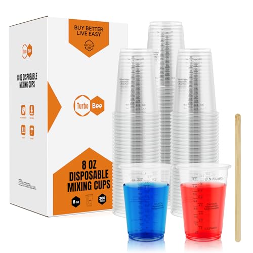 Turbo Bee Plastic Measuring Cups 8OZ,200 PACK Disposable Mixing Cups with 200 Mixing Sticks,Paint Graduated Measuring Tumblers for Epoxy Resin, Paint Mixing, Art DIY - size: 8oz-200pack