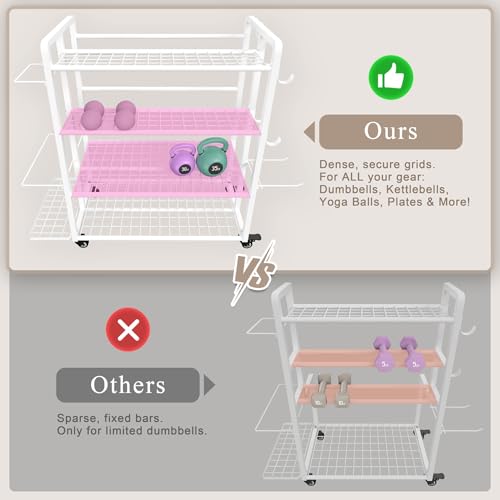 4-Tier Weight Rack for Home Gym with Wheels and Hooks | Adjustable Gym Storage Rack for Dumbbells Kettlebells Yoga Mat, All-in-One, Space Saving, Heavy Duty Steel, Easy to Assemble - size: Large White