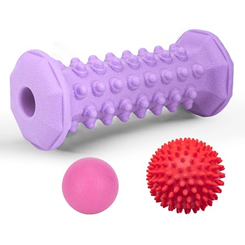 Purple Foot Massager Roller for Plantar Fasciitis, Arch & Heel Pain Relief | Includes Foot Roller, lacrosse and spiky massage balls for deep tissue trigger point muscle therapy and neuropathy relief - color: Purple Combination