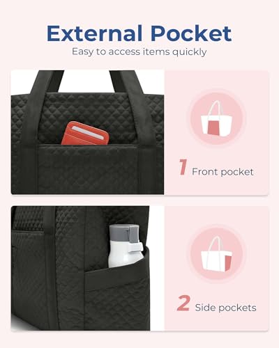 BAGSMART Crush Tote Bag for Women, 20L Puffer Work Tote with Zipper, Travel Essentials Quilted Nurse Hospital Bag - color: Black