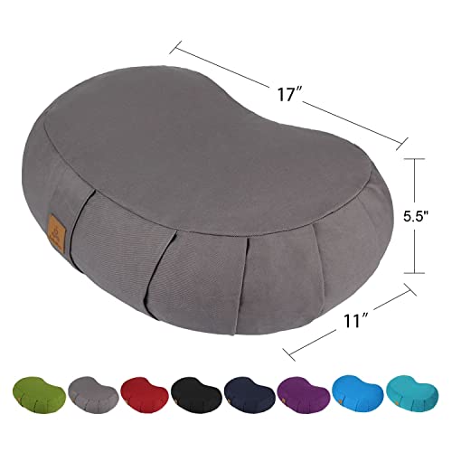 Crescent Zafu Meditation Pillow, D=17" W=11" H=5.5" Zabuton Yoga Bolster, Meditation Cushion, Floor Pouf Yoga Pillow Zippered Organic Cotton Cover Natural Buckwheat kneeling pillow - Large - color: Grey