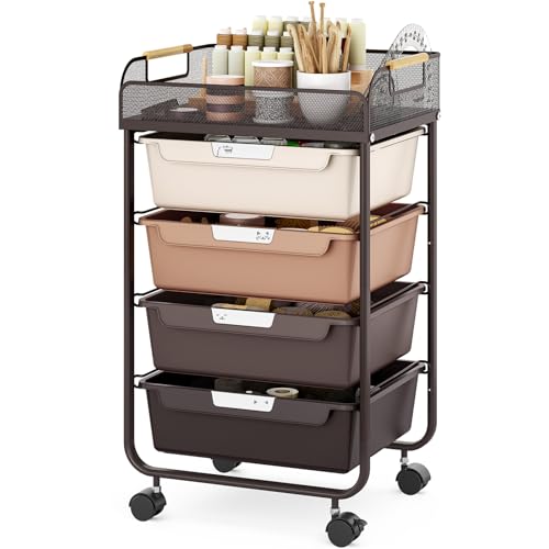 SYKIARIOL 4-Drawer Rolling Storage Cart with Mesh Top,Brown | Utility Craft Organizer Cart on Wheels with 4 DIY Labels, Rolling Drawer Cart for Home Office Classroom Bedroom - color: Gradient Brown