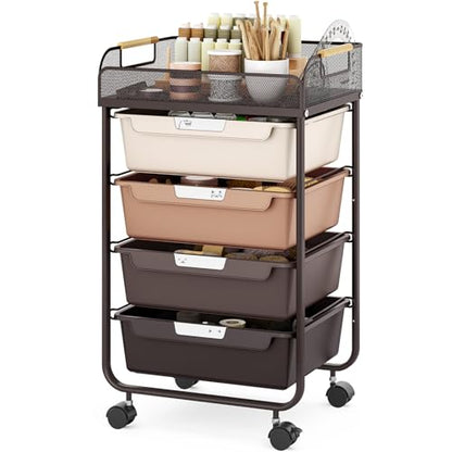 SYKIARIOL 4-Drawer Rolling Storage Cart with Mesh Top,Brown | Utility Craft Organizer Cart on Wheels with 4 DIY Labels, Rolling Drawer Cart for Home Office Classroom Bedroom - color: Gradient Brown