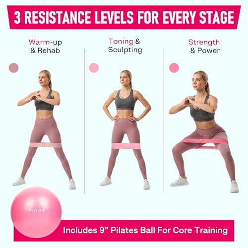 Poler Booty Resistance Bands Set for Women – 3 Fabric Bands (Light, Medium, Heavy) + Pilates Ball – Non-Slip Glute & Leg Workout Kit for Home Fitness, Yoga & Strength Training - color: Black P