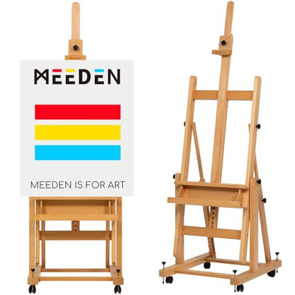 MEEDEN Enlarged Heavy-Duty H-Frame Easel: Artist Solid Beech Wooden Studio Easel - Professional Painting Art Easel Stand with 4 Lockable Wheels & Leveling Bolts - Hold Canvas up to 86" H - color: Natural, size: X-Large