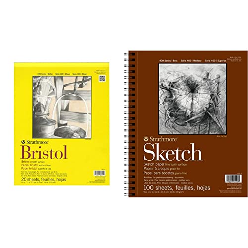 Strathmore 300 Series Bristol Paper Pad, Smooth, Tape Bound, 11x14 inches, 20 Sheets (100lb/270g) - Artist Paper for Adults and Students - Markers, Pen and Ink and Strathmore 455-3, 400 Series Sketch Pad, 9"x12" Wire Bound, 100 Sheets, White