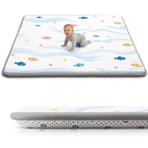 Baby Play Mat for Floor, 1.3-Inch Thickened Foam Soft Padded Coral Velvet Playmat for Tummy Time, 50x50 Water-Repellent Non-Slip Playpen Mat for Toddlers Infant Kids, Cute Little Fish Print - color: White-fish, size: 50" X 50"