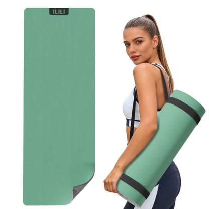 ILILI Suede TPE Yoga Mat, 10mm Thick, 76" x 28" Extra Long with Strap - color: Green