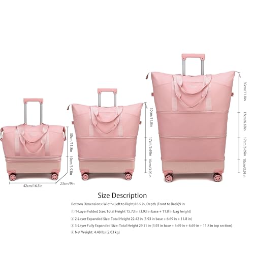 Expandable Rolling Travel Bag with Removable Wheels & Handle, Large Capacity Wheeled Duffle Tote, Foldable Carry On Luggage for Women, Lightweight Weekender Overnight Bag (Pink) - color: Pink