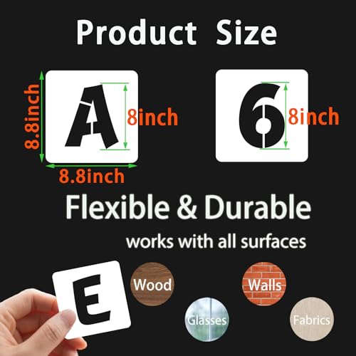 BAMIDELE 8 Inch Letter and Number Stencils, 40 Pcs Reusable Plastic Alphabet Spray Paint Stencils for Painting on Wood, Wall, Fabric, Rock, Chalkboard, Door Porch, Signage, DIY Craft Decoration - size: 8 Inch