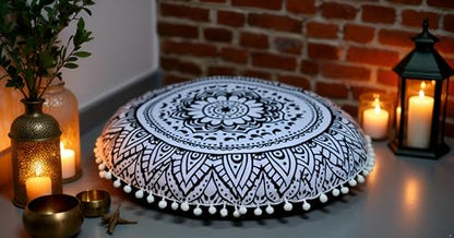 ICC 32 Inch Floor Pillows & Cushion Covers, Decorative Hippie Mandala Pouf Pillow Cover Bohemian Seating Meditation Cushion Cover, Large Boho Ottoman Case Pillowcase for Couch Round (Black Flower) - size: 32" x 32" (Pack of 1), style: Black Flower