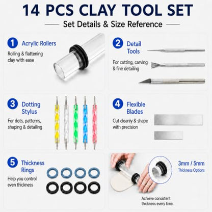 DIYOOHOMY 18 Pcs Polymer Clay Tools Kit, Rolling Pin with Thickness Rings | Air Dry Clay Jewelry Earring Making Set Sculpting, Small Acrylic Roller, Dotting, Tissue Blades Cutters Craft Knife, Needle - color: 14 Pcs