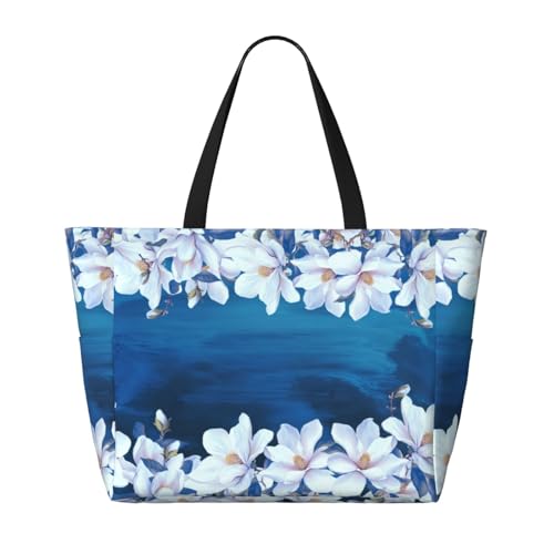 Large Beach Bag for Women Waterproof Foldable Travel Shoulder Tote Bag with Pocket for Weekender Pool Vacation - color: Magnolia Blue