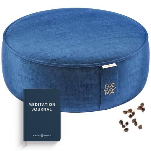 Mindful Modern Velvet Meditation Cushion | Luxe Zafu Yoga Floor Pillow Seat | Posture Support | Buckwheat Hull Filled | Large Round Cushion with Removable Washable Cover + Carry Handle - color: Royal Navy