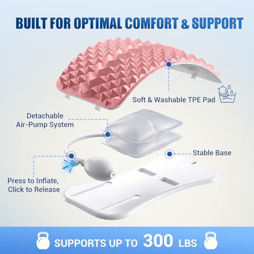 Back Stretcher for Back Pain, Adjustable Height & Soft Sponge Material | Lumbar Back Stretcher With Acupressure Points, Air Pump Adjustable Height, Spine Stretching Support, Scoliosis, Manual Includ - color: Pink