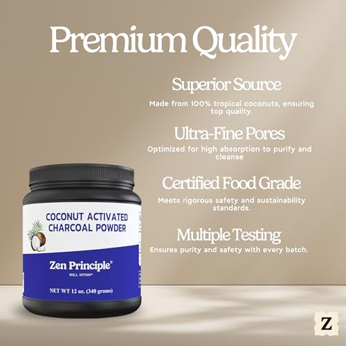 Zen Principle Coconut Activated Charcoal Powder. Whitens Teeth, Rejuvenates Skin and Hair, Supports Better Digestion. USA-Owned Producers, Free Scoop, 12 Oz - size: 12 Ounce (Pack of 1)