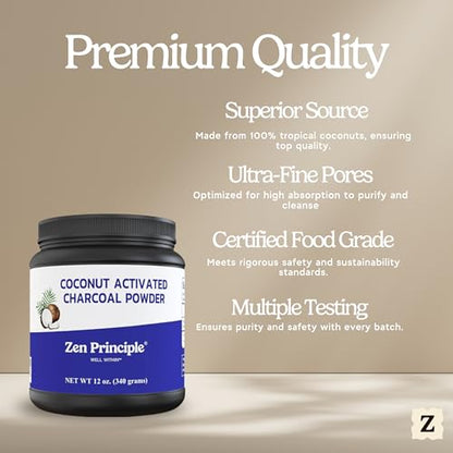 Zen Principle Coconut Activated Charcoal Powder. Whitens Teeth, Rejuvenates Skin and Hair, Supports Better Digestion. USA-Owned Producers, Free Scoop, 12 Oz - size: 12 Ounce (Pack of 1)