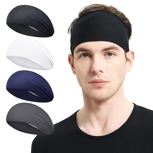 MARKEEP Running Headbands for Men (4 or 6 Pack), Mens Stretchy Headband for Football,Cycling,Basketball,Yoga,Fitness Workout Unisex Quick-Dry Sweatband - color: （4pack）Black,White,Dark blue,Dark gray, size: One Size
