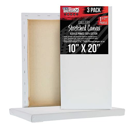 U.S. Art Supply 10"x20" Stretched Canvas for Painting, Gallery Depth 3-Pack | Rectangle, 1-1/2" Thick - 12oz Acrylic Gesso Triple Primed, Professional Artist Quality, 100% Cotton - Oil, Pouring Paint - size: 10" x 20"