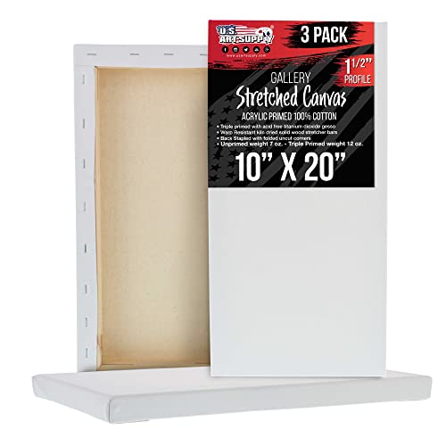 U.S. Art Supply 10"x20" Stretched Canvas for Painting, Gallery Depth 3-Pack | Rectangle, 1-1/2" Thick - 12oz Acrylic Gesso Triple Primed, Professional Artist Quality, 100% Cotton - Oil, Pouring Paint - size: 10" x 20"