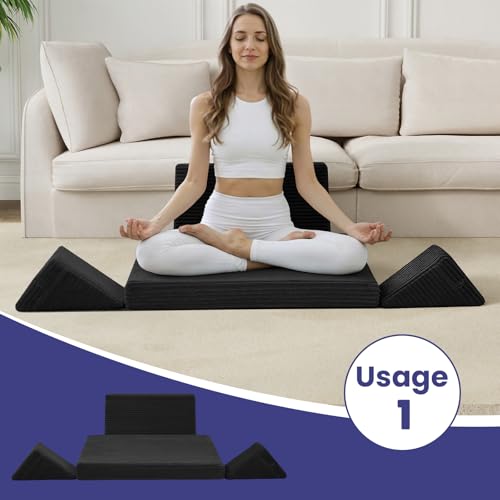 Meditation Cushion, Meditation Mat with Knee Support, Black | Large Washable Meditation Pillow for Sitting on Floor, Yoga Pillow with 2 Knee Cushions for Comfortable Sitting, 24x24in - color: Black, size: 24X24X2 Inch