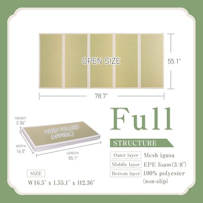 BJDesign Japanese Tatami Mat, Foldable Igusa Rush Grass Floor Mat Full XL | Futon sleeping, meditation, yoga, zen-inspired room decor, non-slip backing, moisture and odor control, 9mm cushioning - size: Full XL