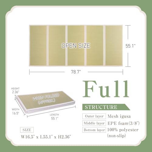 BJDesign Japanese Tatami Mat, Foldable Igusa Rush Grass Floor Mat Full XL | Futon sleeping, meditation, yoga, zen-inspired room decor, non-slip backing, moisture and odor control, 9mm cushioning - size: Full XL